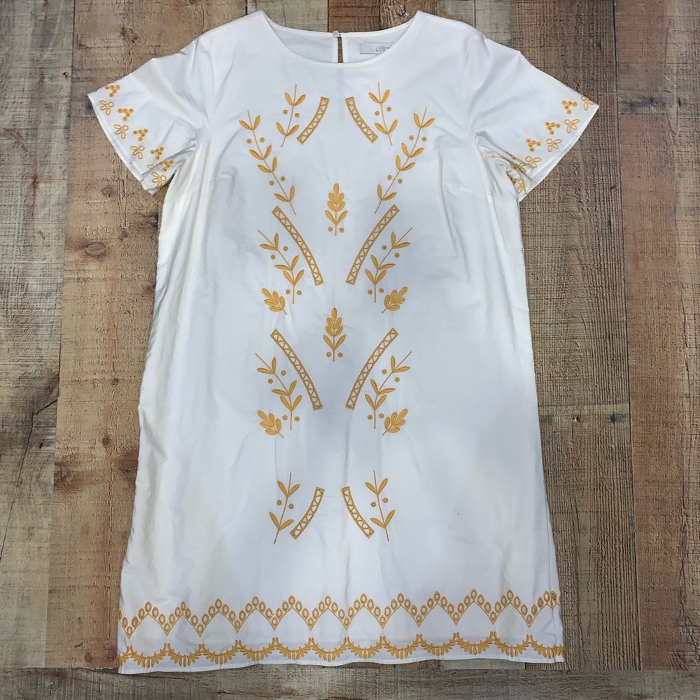 🌵Loft | Embroidered Beige w/ Mustard Mini Dress